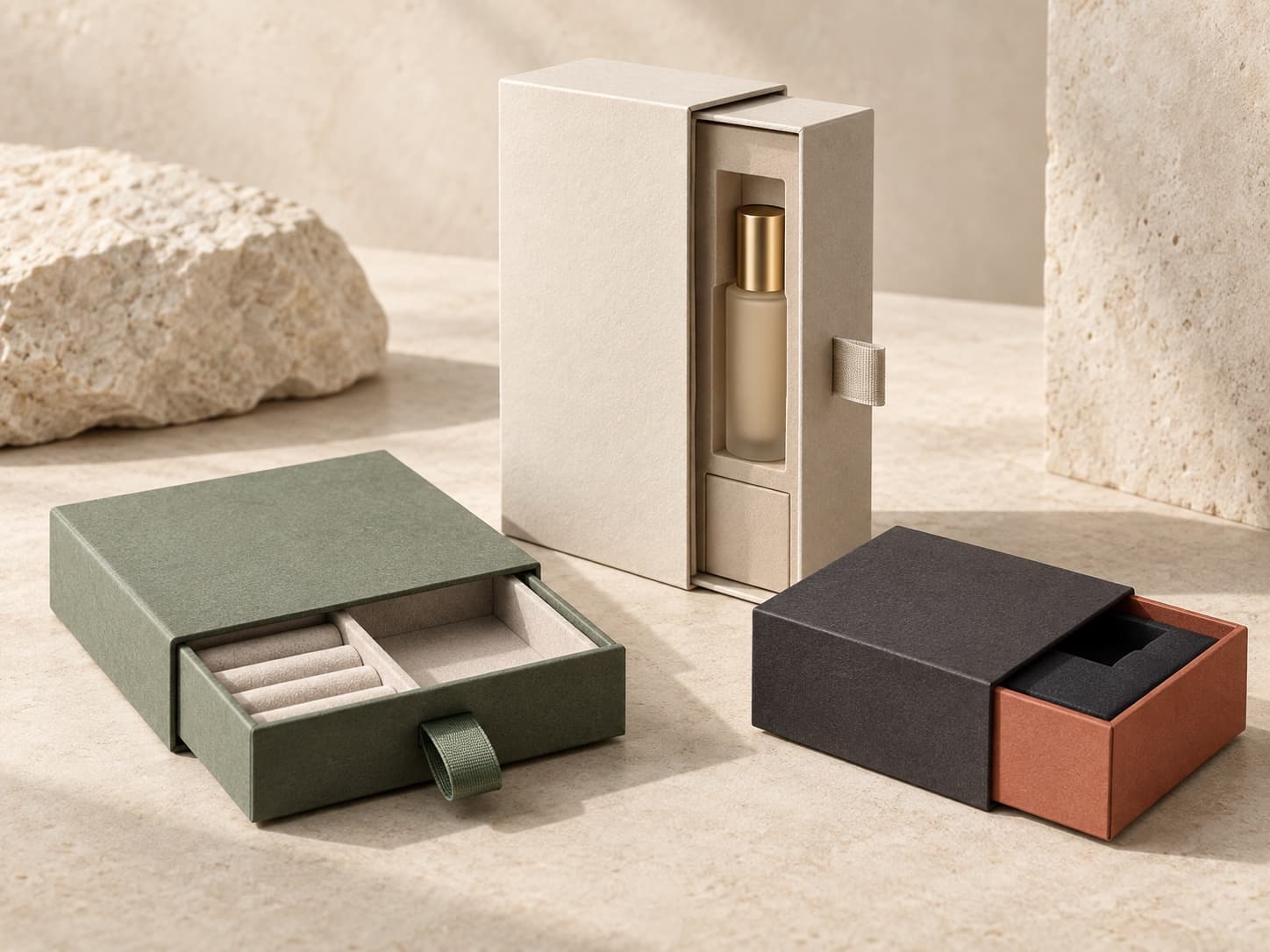 Illustrative assortment of drawer-style rigid packaging with distinct sleeves, trays and pulls