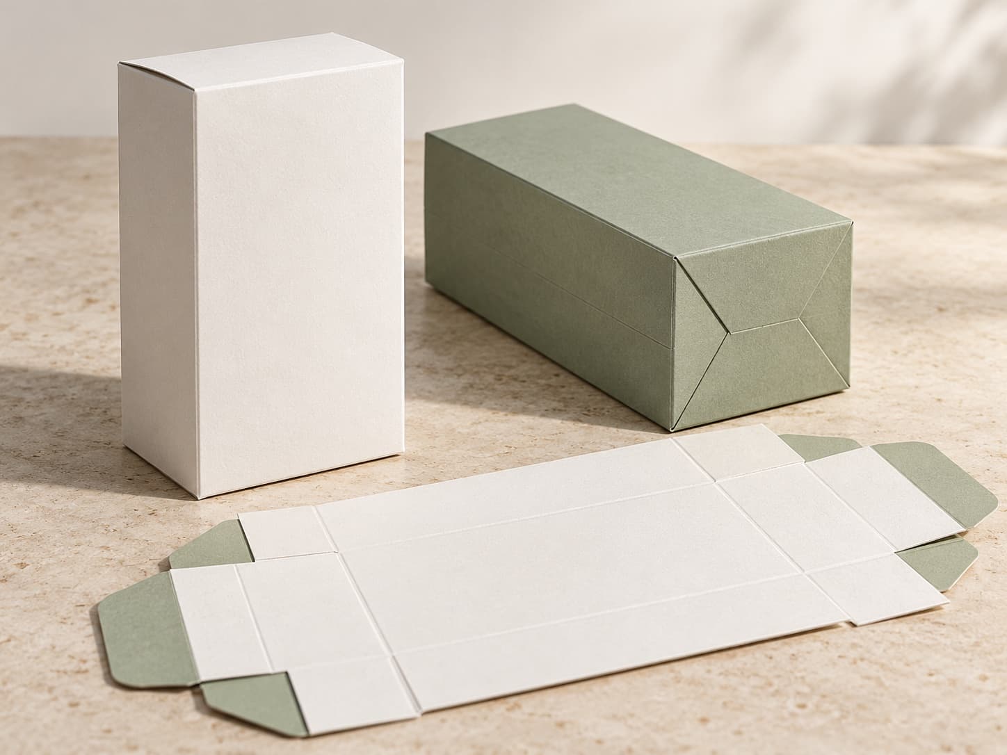 Product visualization of a white and sage seal-end folding carton beside its flat paperboard blank
