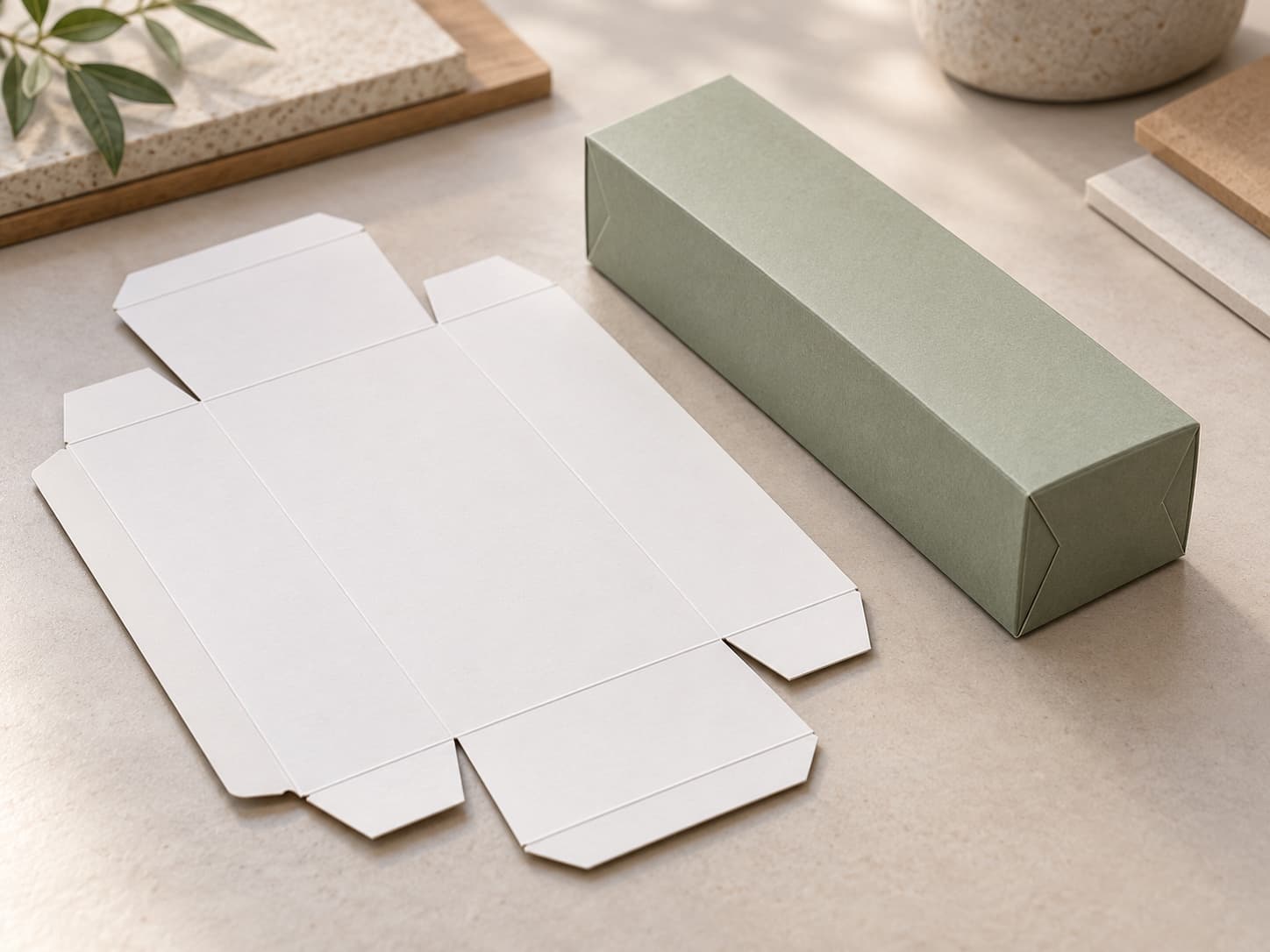Product visualization comparing a scored flat seal-end carton blank with an assembled carton