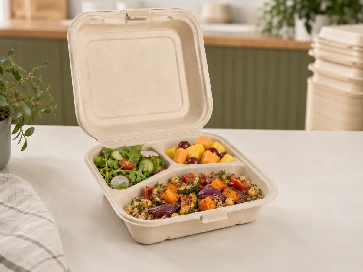 Three-compartment molded fiber box holding grains, vegetables, salad and fruit