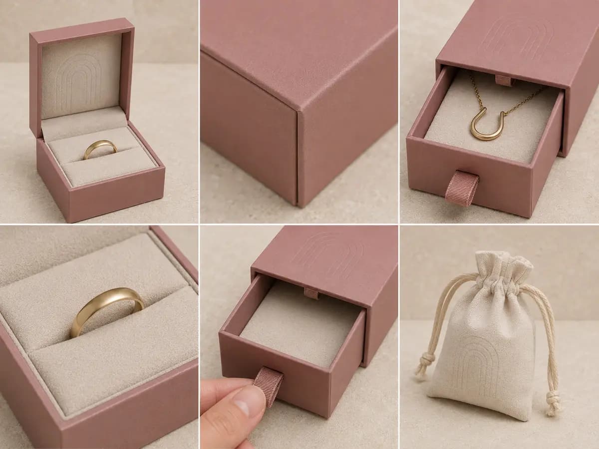 Dusty rose jewelry boxes showing hinge, drawer pull and wrapped corner details