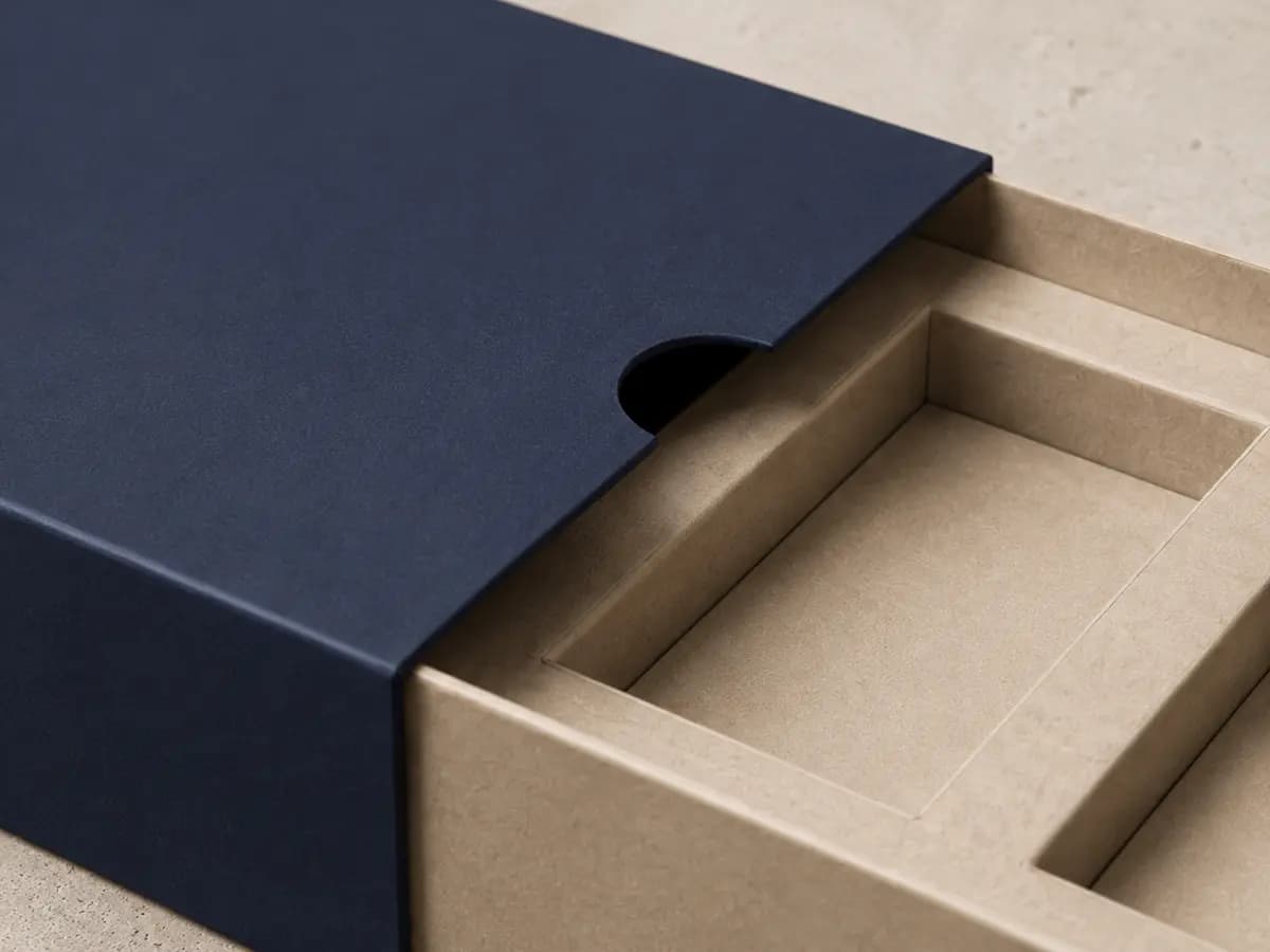 Close-up of the thumb notch and precise sliding fit on a sleeve box