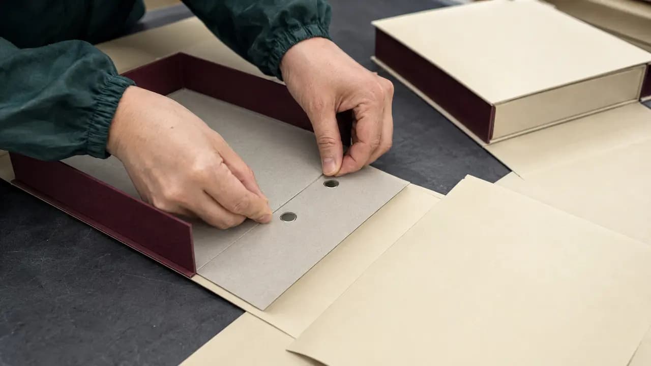 Foldable magnetic gift box construction with greyboard panels and recessed magnets