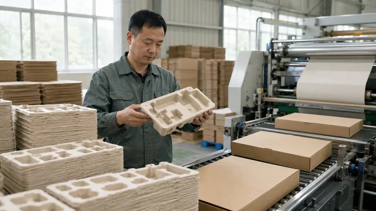 Plastic-free moulded pulp packaging production prepared as a sustainability video cover