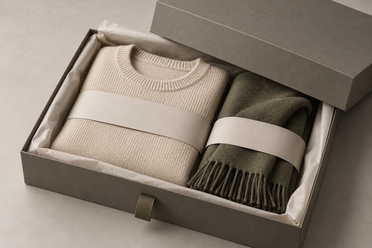 Ilustración de caja de regalo para ropa con punto doblado, bufanda, papel tisú y caja rígida ajustada