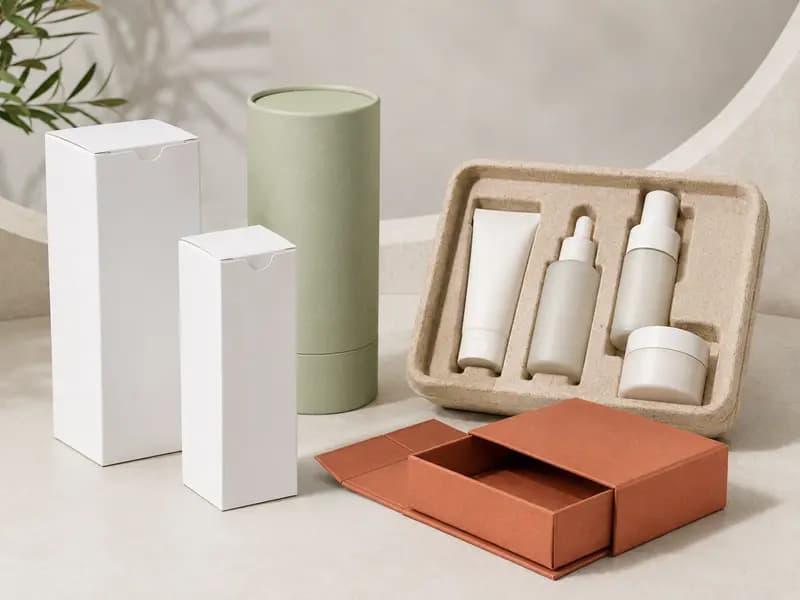 Cosmetics packaging range with folding cartons, paper tube, molded pulp tray and fold-flat gift box