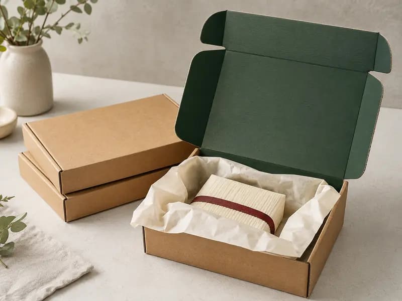 Right-sized kraft corrugated mailer boxes with paper tissue for e-commerce shipping