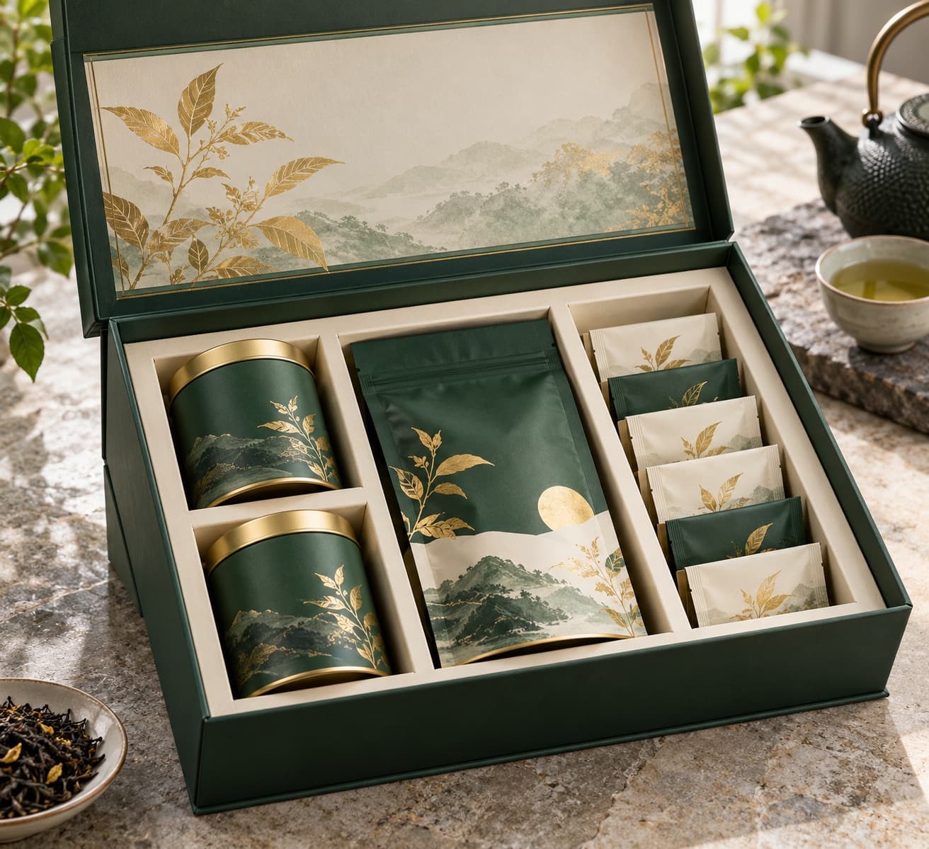 Ilustración de caja regalo de té con latas, bolsa y sobres de degustación en compartimentos