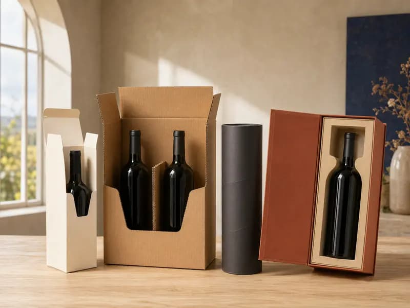 Wine packaging range with folding bottle carton, corrugated two-bottle shipper, paper tube and rigid gift box
