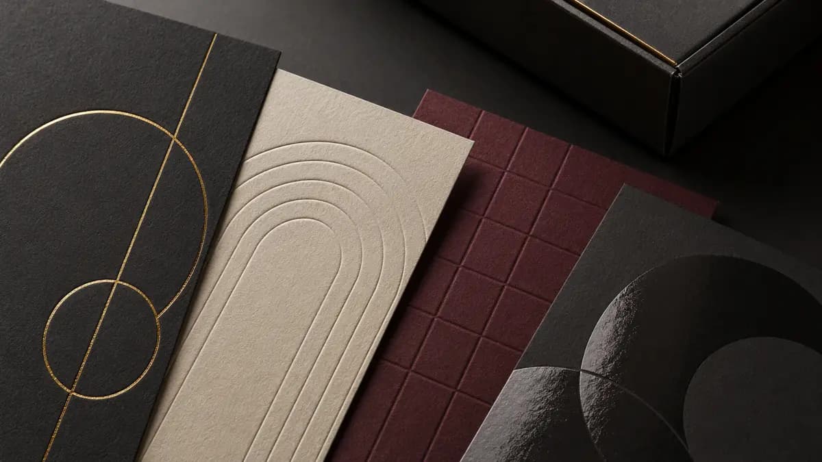 Packaging paper samples showing foil stamping, embossing, debossing and spot UV finishes