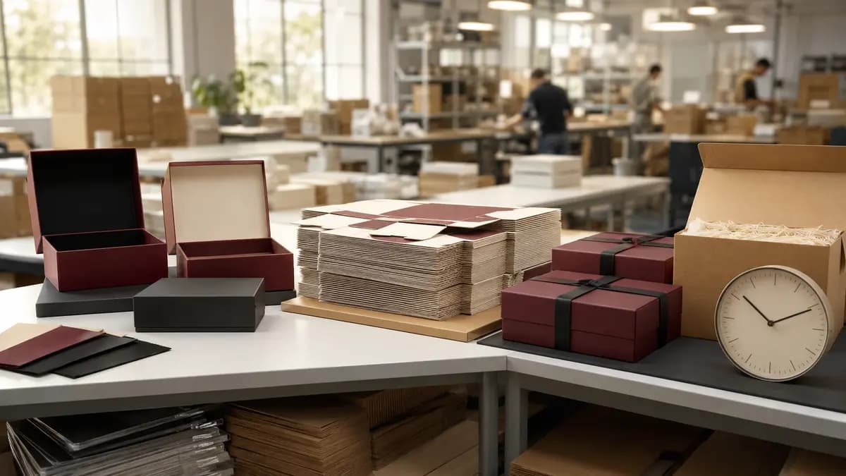 Packaging samples, printed sheets, finished boxes and a clock illustrating production planning