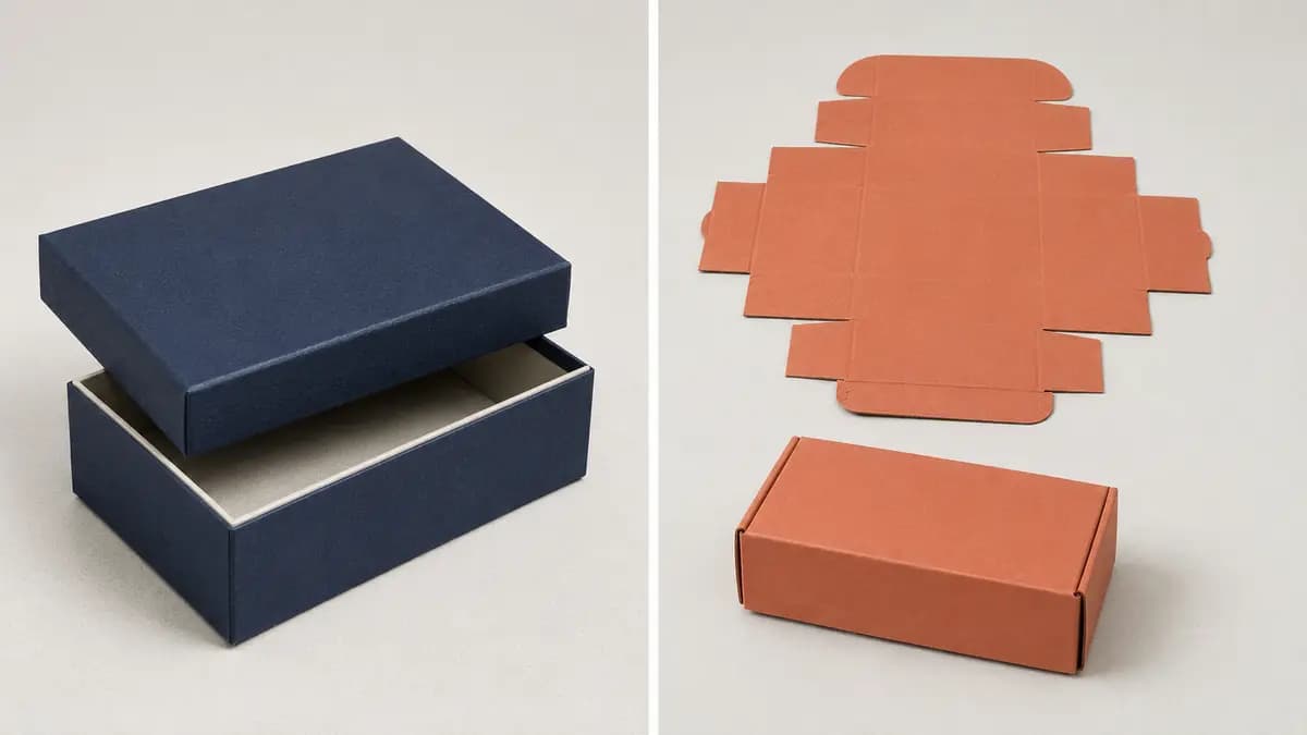 Side-by-side comparison of a rigid box and an assembled folding carton with flat dieline