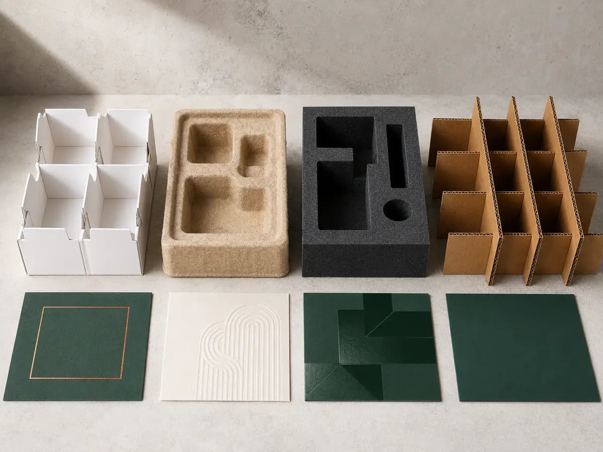 Custom packaging inserts in paperboard, molded pulp, EVA foam and corrugated board with finish samples