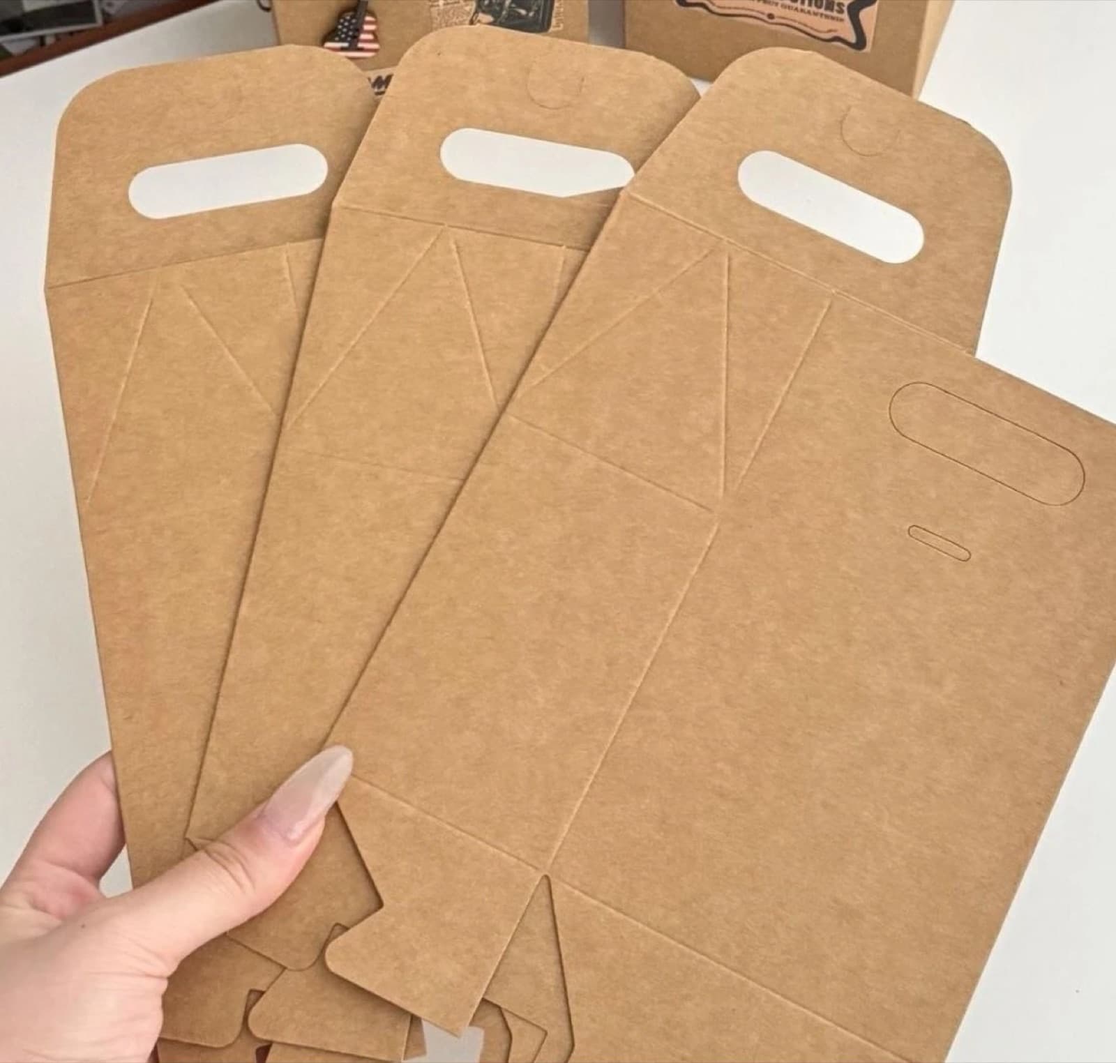 Unprinted kraft die-cut blanks for a handled box structure