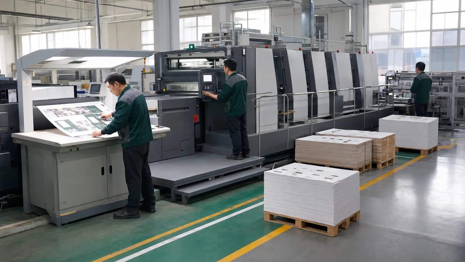 Chinese packaging factory workers operating printing and die cutting equipment