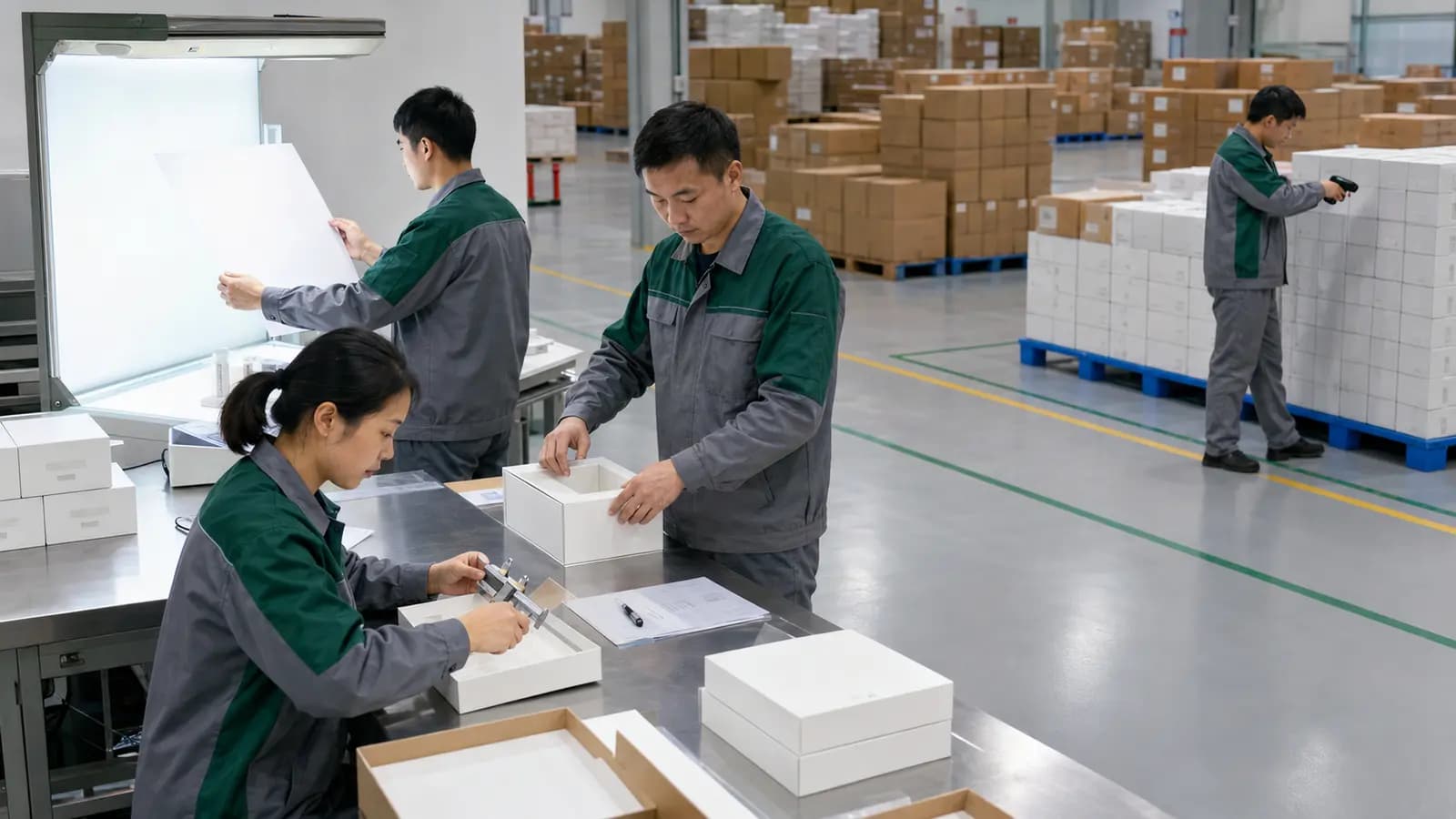 Chinese packaging quality inspectors checking box dimensions, print color and finished goods