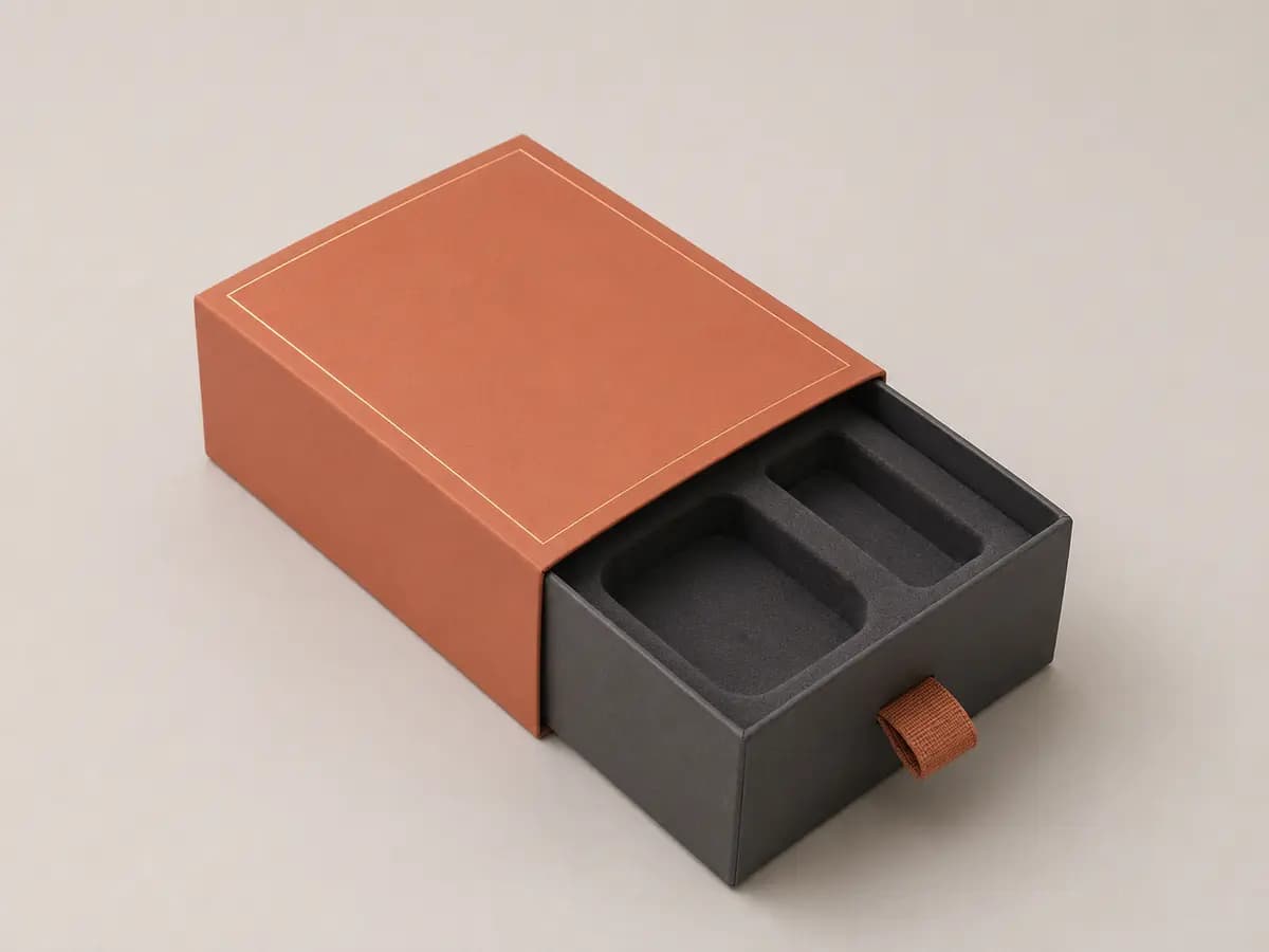 Custom rigid drawer gift box with ribbon pull and fitted microfiber insert