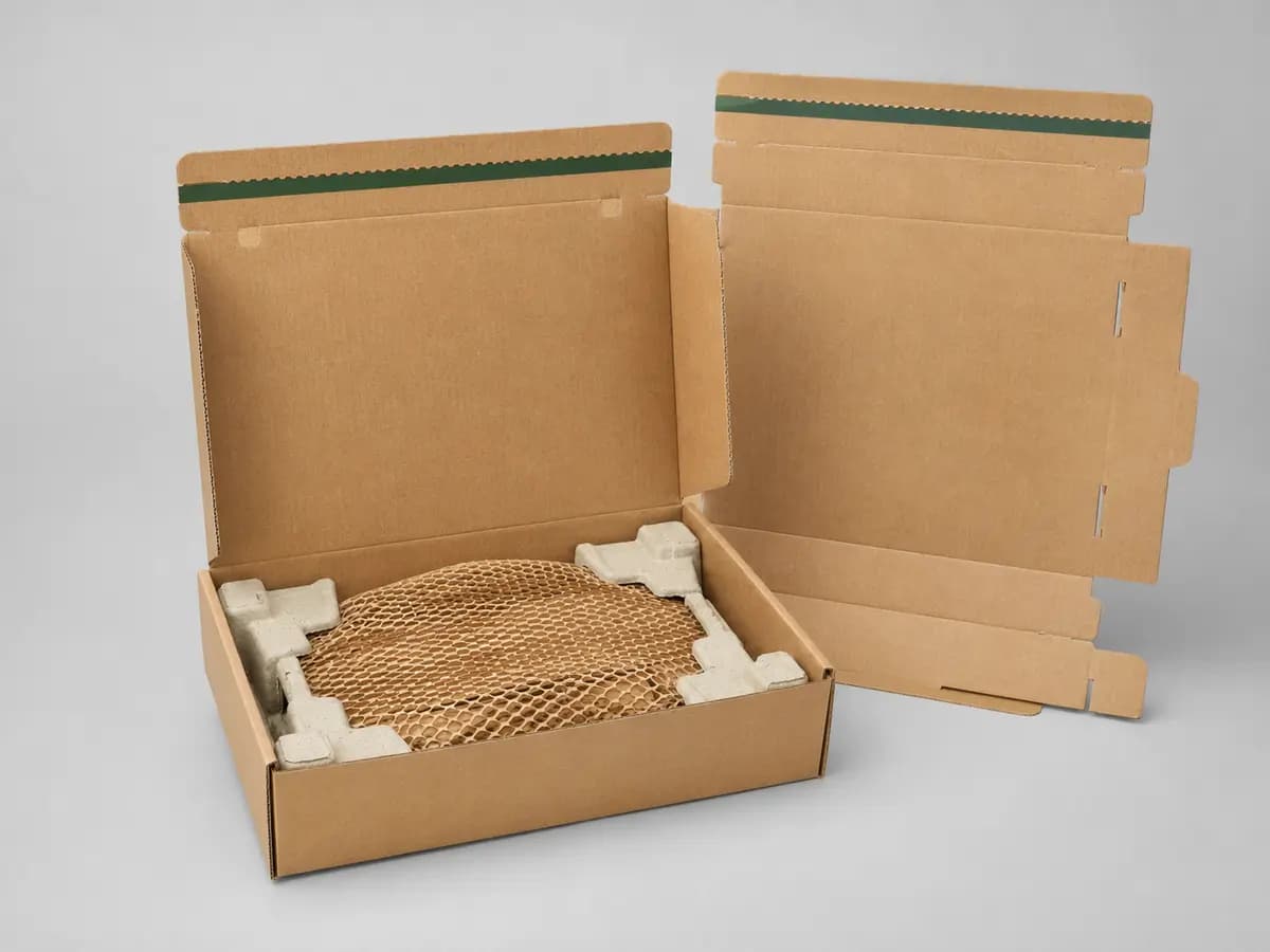 Corrugated e-commerce mailer box with tear strip and paper protective packaging