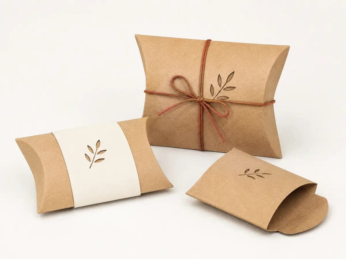 Kraft pillow box packaging with paper sleeve and cotton string closure options