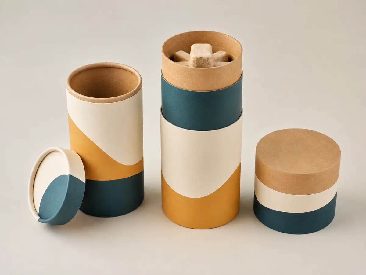 Custom paper tube packaging with recycled paper caps and molded pulp insert