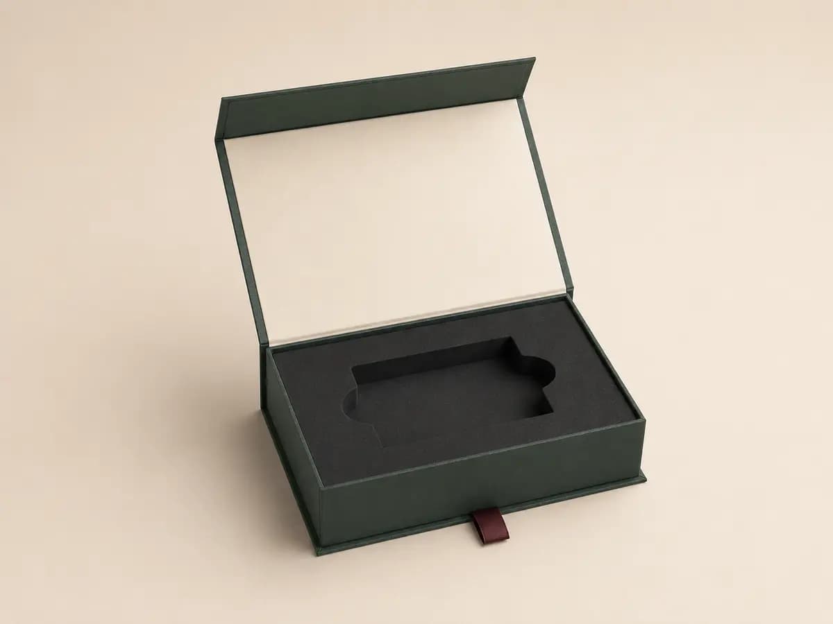 Forest green magnetic closure rigid box with fitted black EVA insert