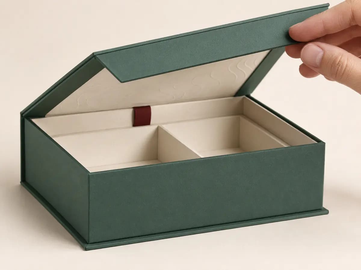 Close-up of a forest green magnetic rigid gift box with wrapped edges and ribbon pull