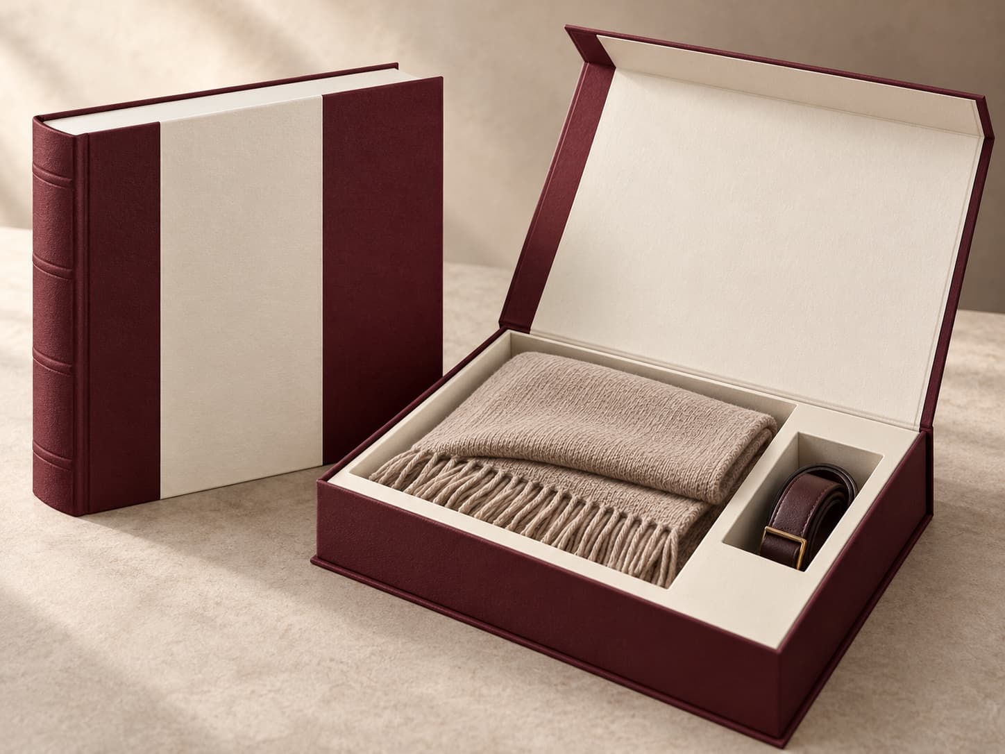 Book-style rigid gift box concept with fitted compartments for a folded scarf and belt