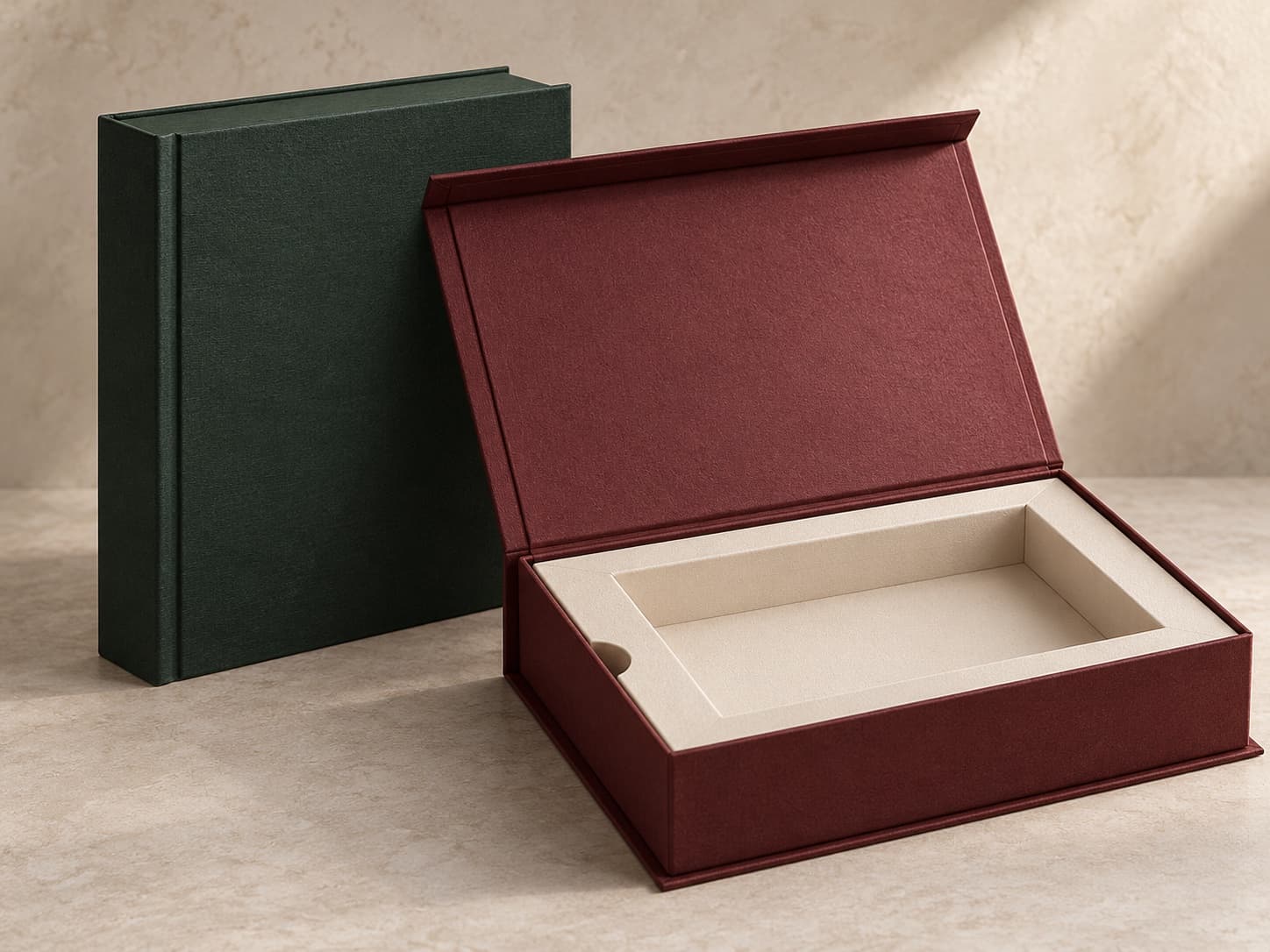 Book-style rigid presentation box concept with visible spine, hinged cover and product tray