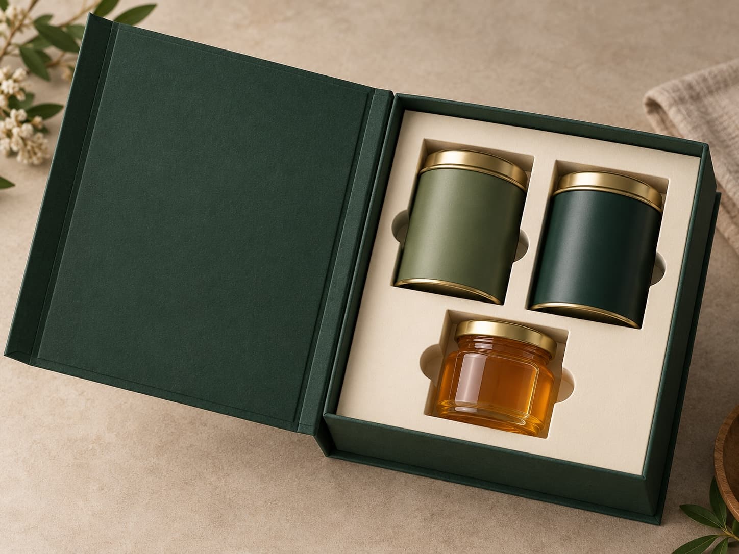 Book-style rigid gift box concept with a fitted insert arranged for tea tins and a honey jar