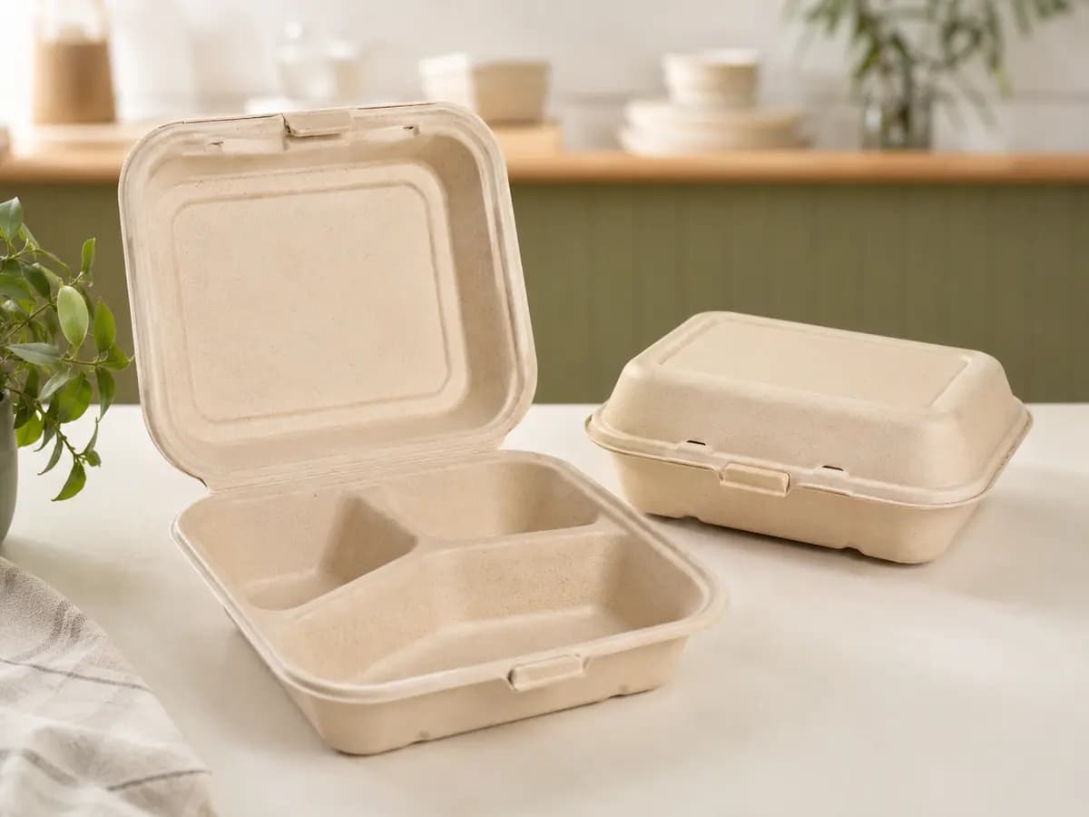 Open and closed three-compartment molded fiber takeaway food boxes