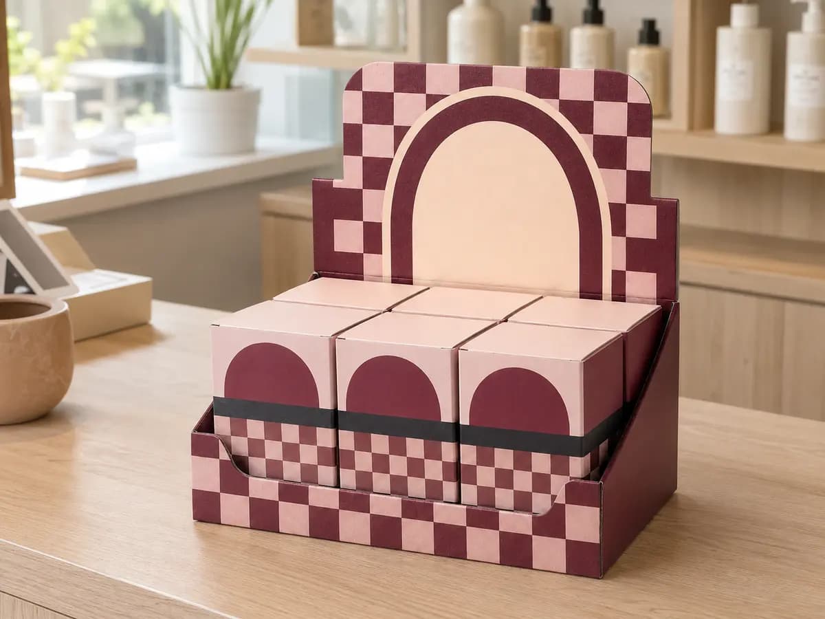 Counter display packaging holding small unbranded retail cartons on a store counter