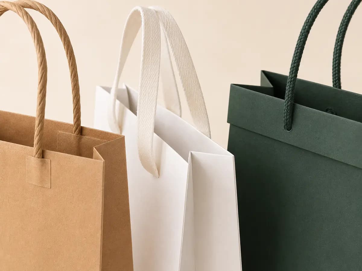 Kraft, white and forest green paper shopping bags showing reinforced handles