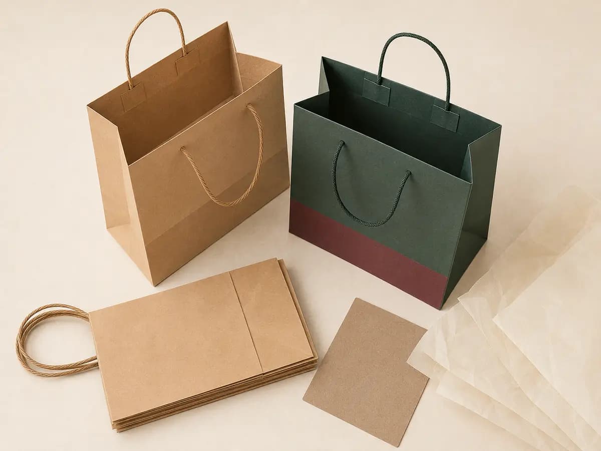 Paper shopping bags with flat-packed construction, reinforced base and tissue paper