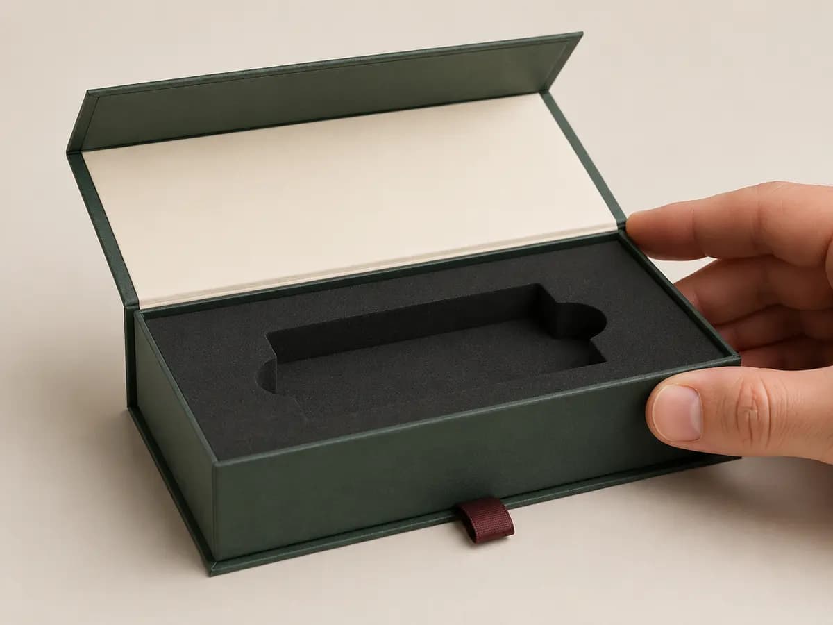 Forest green magnetic rigid box showing hinge, ribbon pull and wrapped edge details