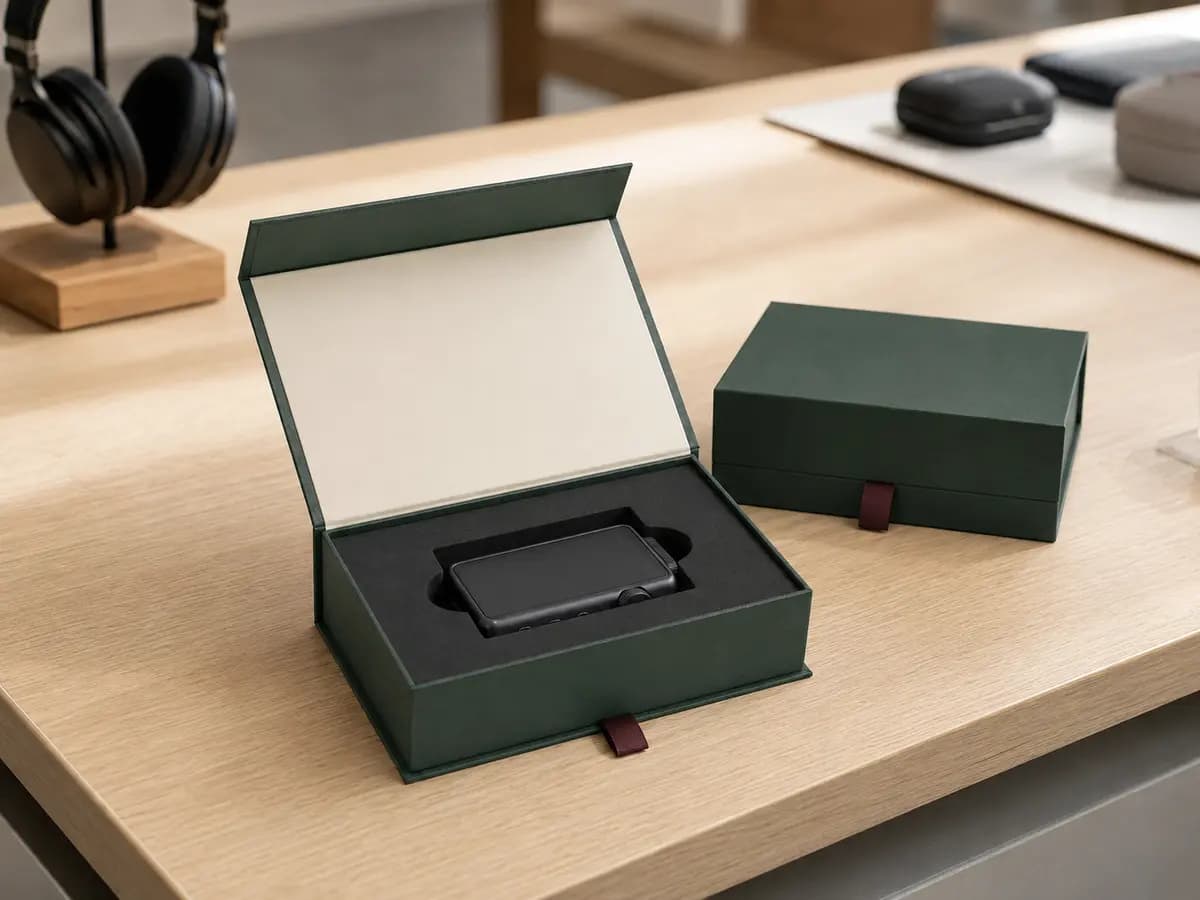Green magnetic gift box presenting an unbranded compact electronic device in EVA