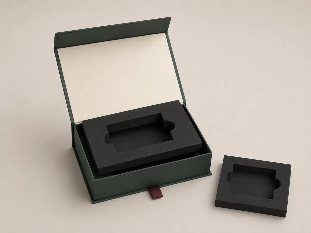 Forest green magnetic rigid box with removable black EVA insert