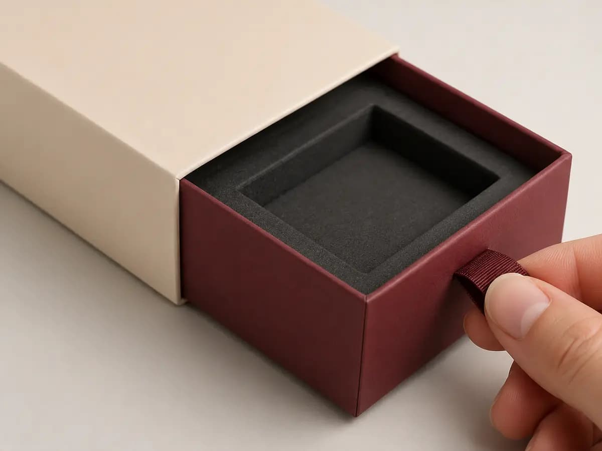 Cream and burgundy rigid drawer box with ribbon pull and precise sleeve fit