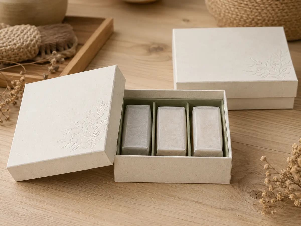 Recycled lid and base gift box presenting unbranded wellness products in paper dividers