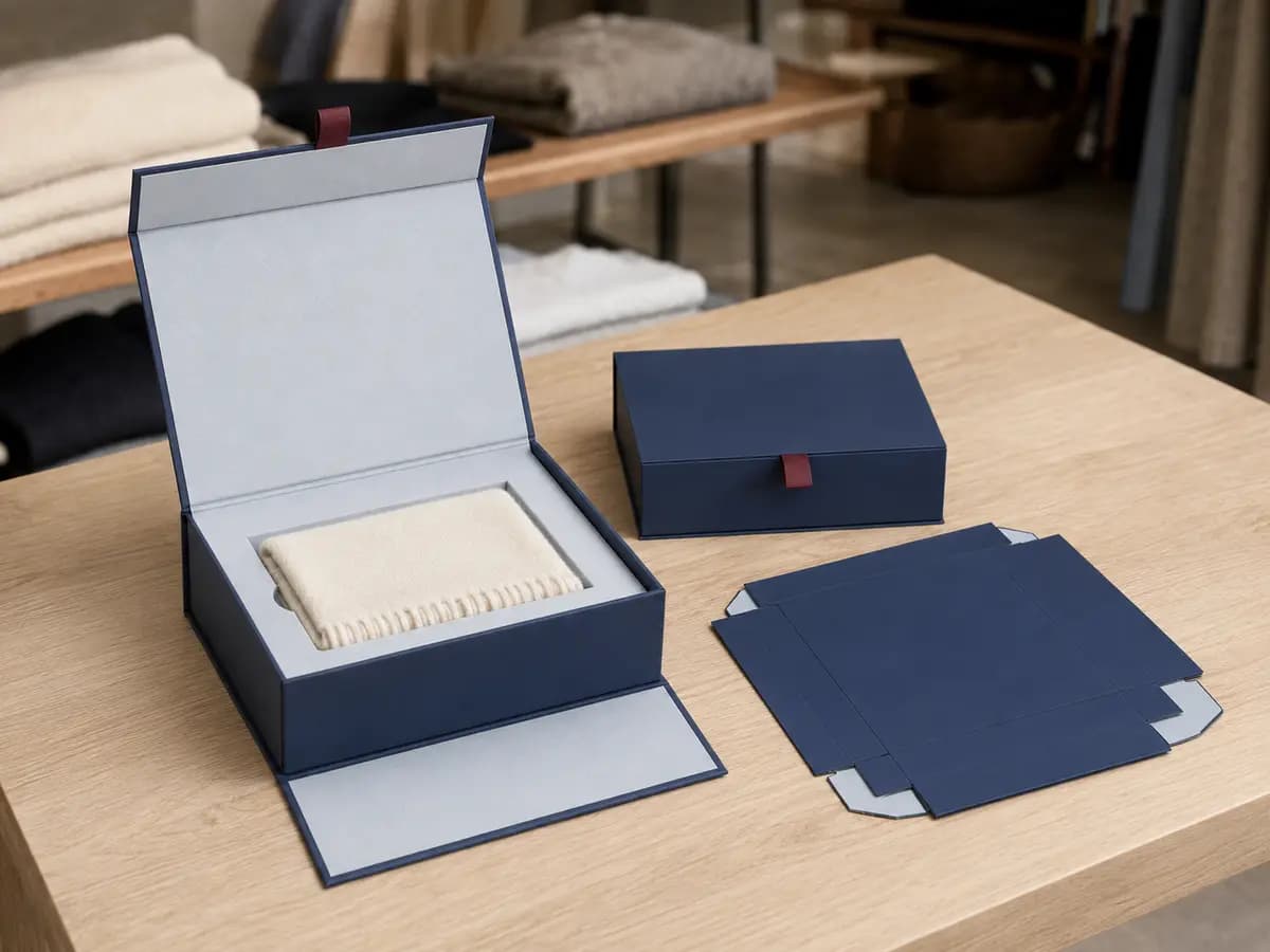 Navy fold-flat rigid box used for premium apparel and textile accessories