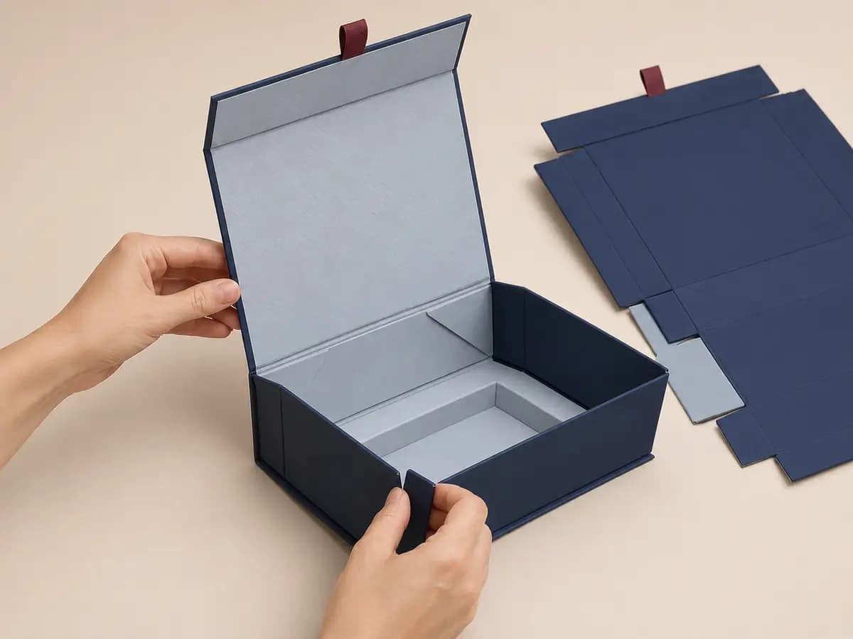 Navy fold-flat rigid gift box showing magnetic flap and collapsible construction