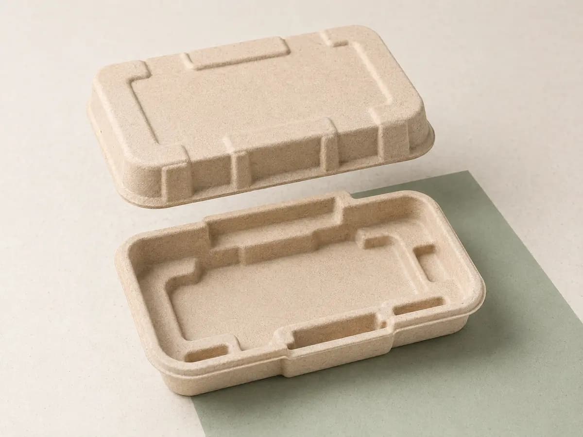 Two-piece wheat-beige moulded pulp packaging with device and accessory cavities