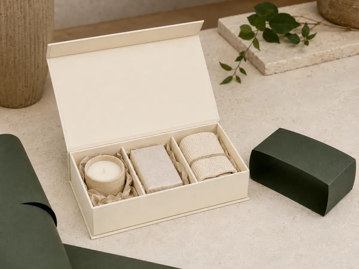 Plastic-free gift box holding a candle, soap and folded natural-fiber cloth