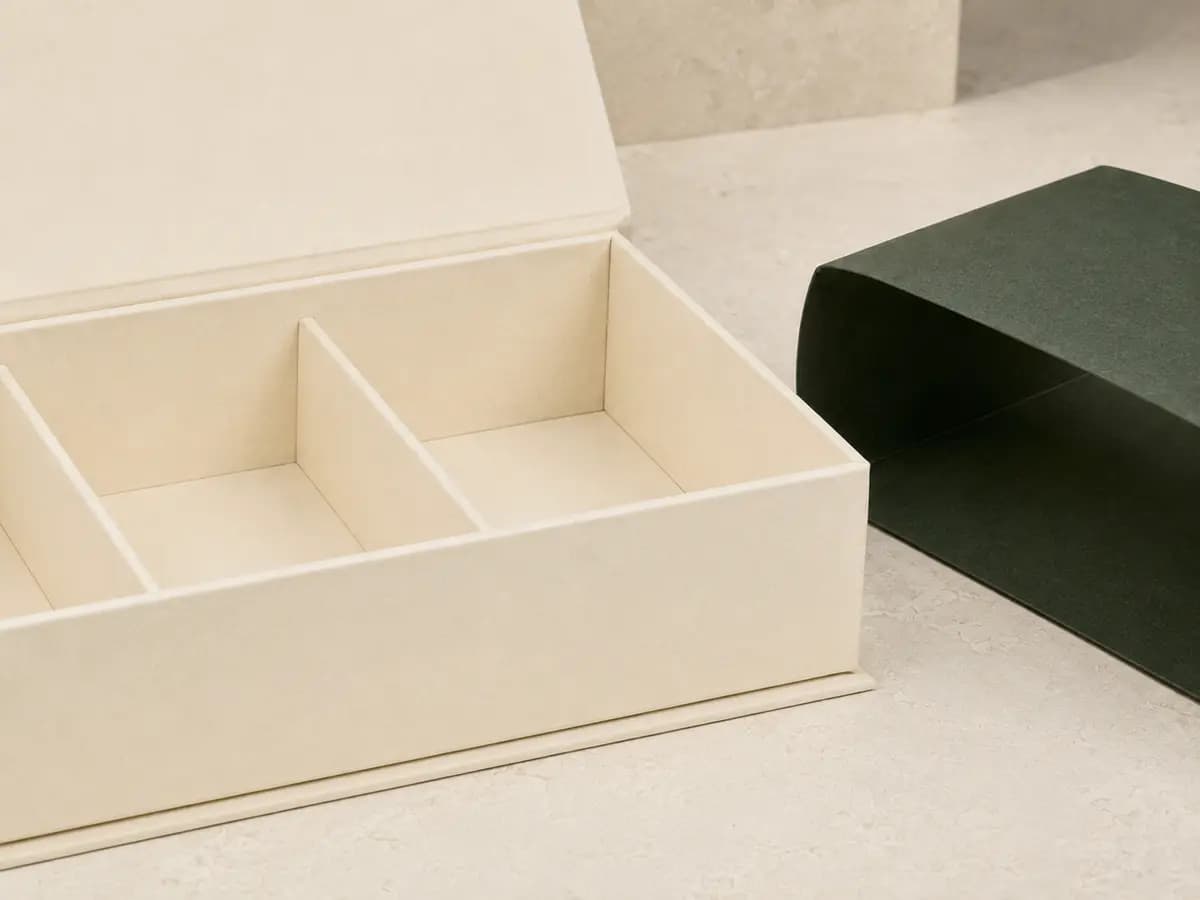 Close-up of uncoated paper wrapping and folded insert in a plastic-free gift box