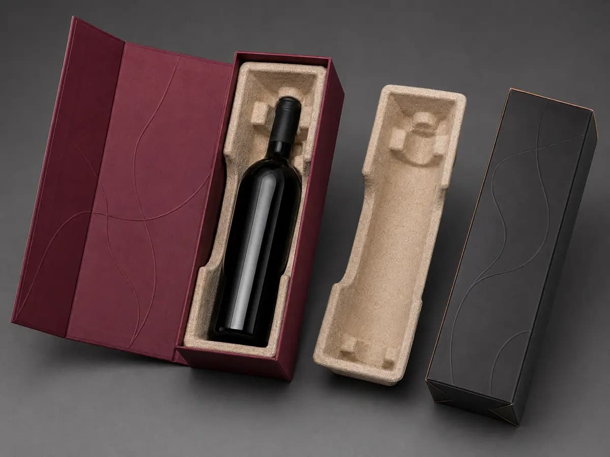 Wine gift box with removable molded pulp bottle cradle