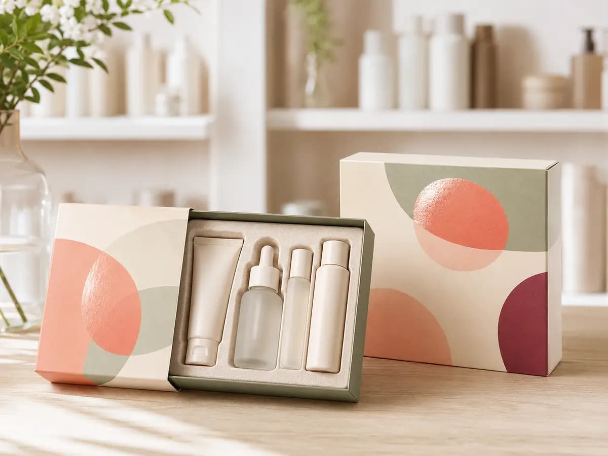 Coordinated cosmetic gift boxes presenting unbranded beauty bottles and jars